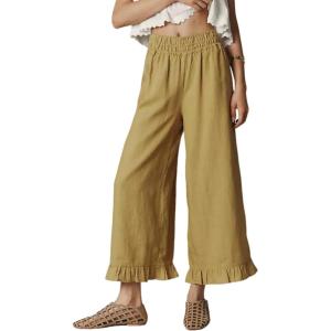 Springrain Women’s Wide Leg Linen Pants Casual Boho Beach High Waist Flowy Palazzo Pants with Ruffle Hem(Yellow)