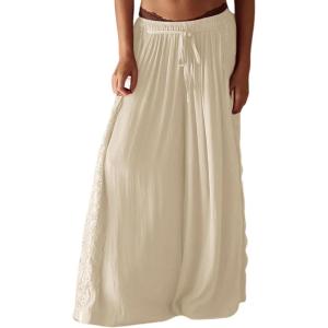 Springrain Women’s Wide Leg Palazzo Pants High Waisted Flowy Lounge Trousers Boho Pants with Lace Panel(Beige)