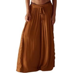 Springrain Women’s Wide Leg Palazzo Pants High Waisted Flowy Lounge Trousers Boho Pants with Lace Panel(Caramel)