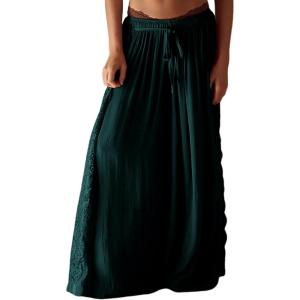 Springrain Women’s Wide Leg Palazzo Pants High Waisted Flowy Lounge Trousers Boho Pants with Lace Panel(Darkgreen)