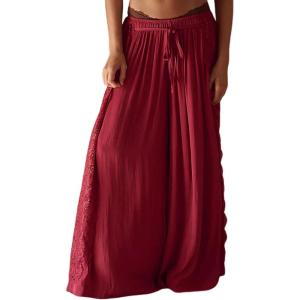 Springrain Women’s Wide Leg Palazzo Pants High Waisted Flowy Lounge Trousers Boho Pants with Lace Panel(Winered)