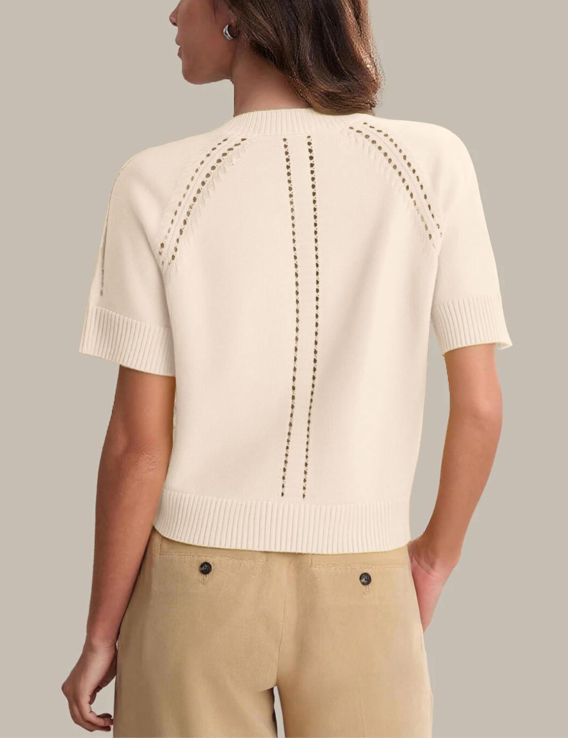 imageSpringrain Womens Short Sleeve Cardigan Lightweight Button Down Crewneck Knit Cropped Cardigan SweatersBeige