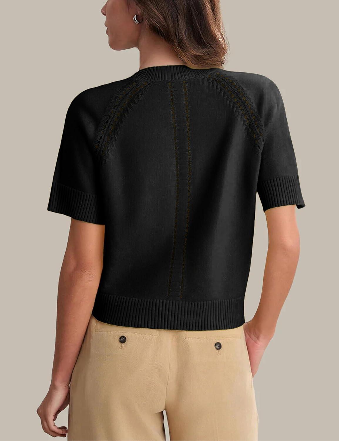 imageSpringrain Womens Short Sleeve Cardigan Lightweight Button Down Crewneck Knit Cropped Cardigan SweatersBlack
