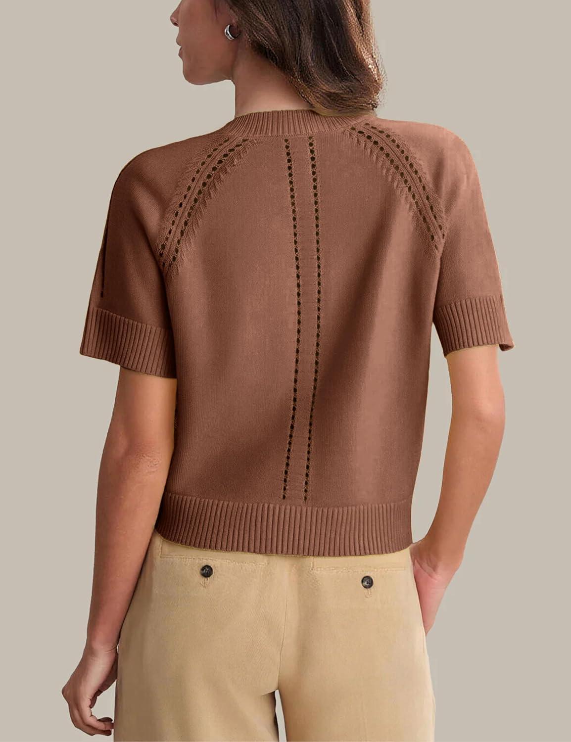imageSpringrain Womens Short Sleeve Cardigan Lightweight Button Down Crewneck Knit Cropped Cardigan SweatersBrown