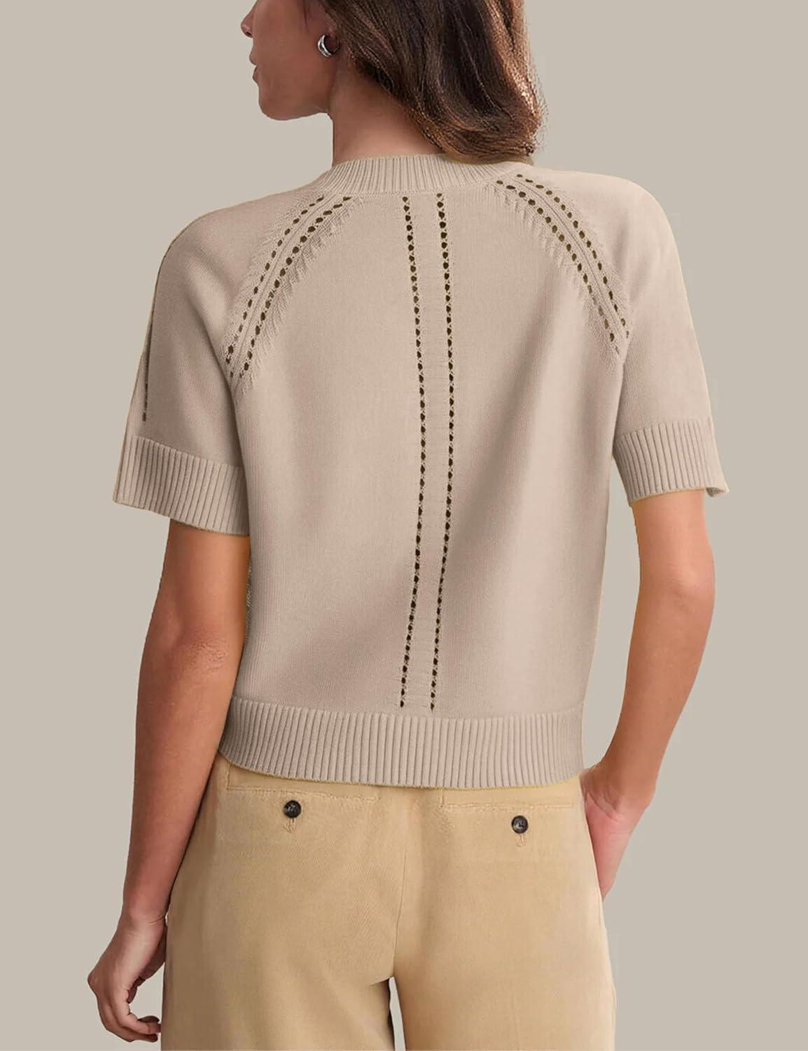 imageSpringrain Womens Short Sleeve Cardigan Lightweight Button Down Crewneck Knit Cropped Cardigan SweatersKhaki