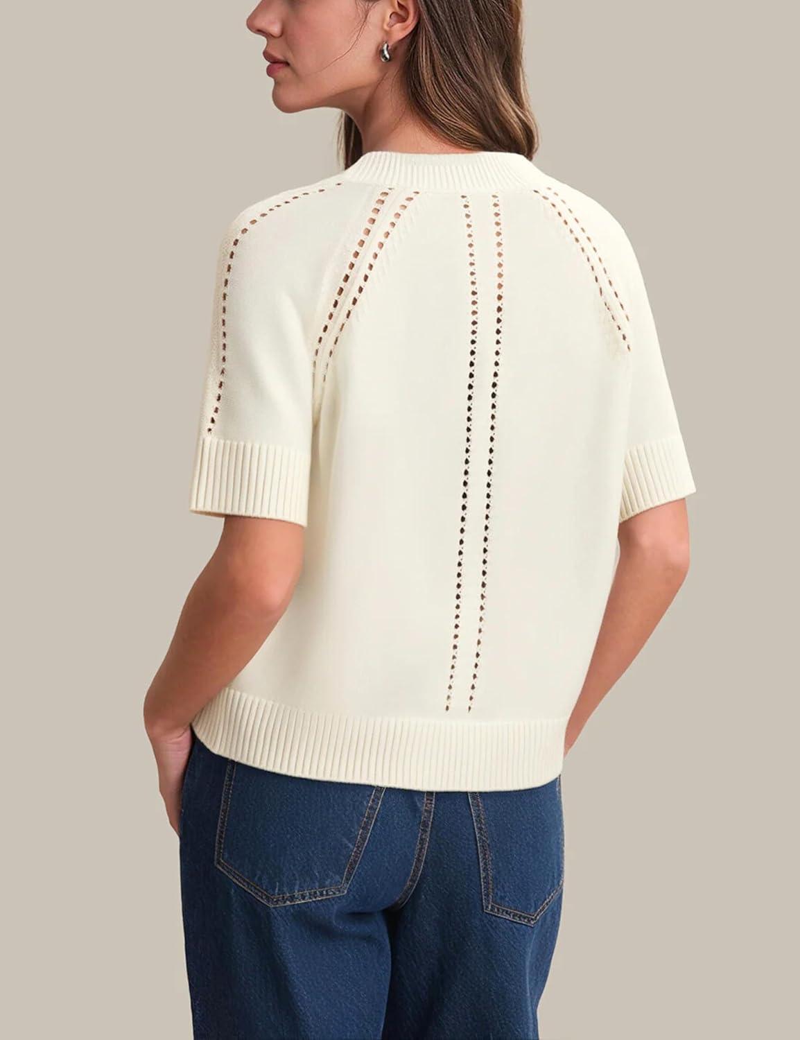 imageSpringrain Womens Short Sleeve Cardigan Lightweight Button Down Crewneck Knit Cropped Cardigan SweatersWhite