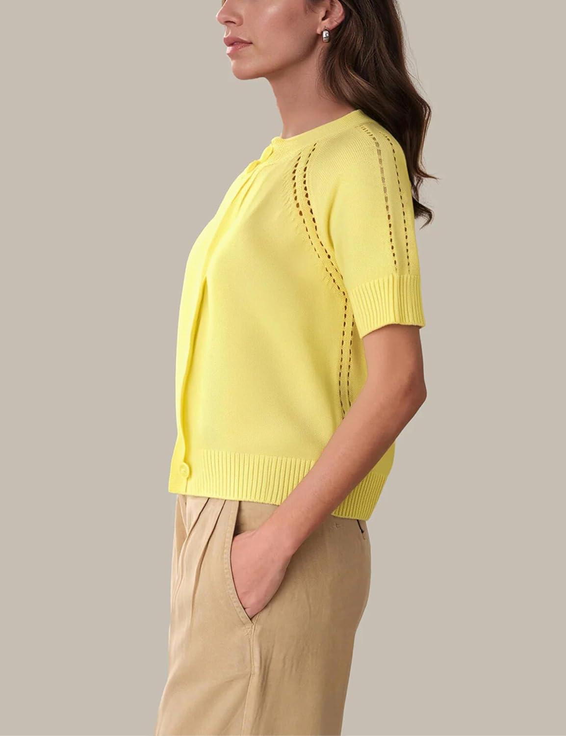 imageSpringrain Womens Short Sleeve Cardigan Lightweight Button Down Crewneck Knit Cropped Cardigan SweatersYellow