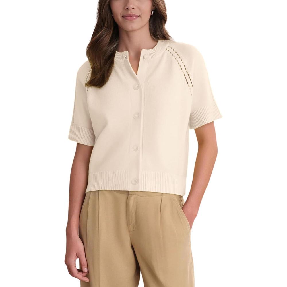 imageSpringrain Womens Short Sleeve Cardigan Lightweight Button Down Crewneck Knit Cropped Cardigan SweatersBeige
