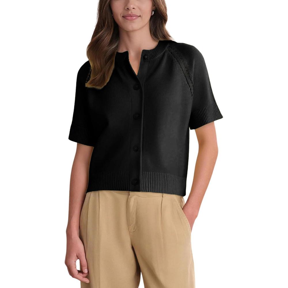 imageSpringrain Womens Short Sleeve Cardigan Lightweight Button Down Crewneck Knit Cropped Cardigan SweatersBlack
