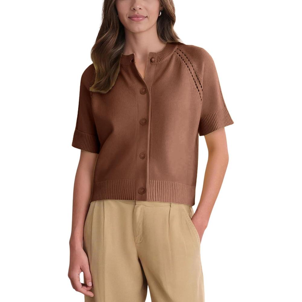 imageSpringrain Womens Short Sleeve Cardigan Lightweight Button Down Crewneck Knit Cropped Cardigan SweatersBrown