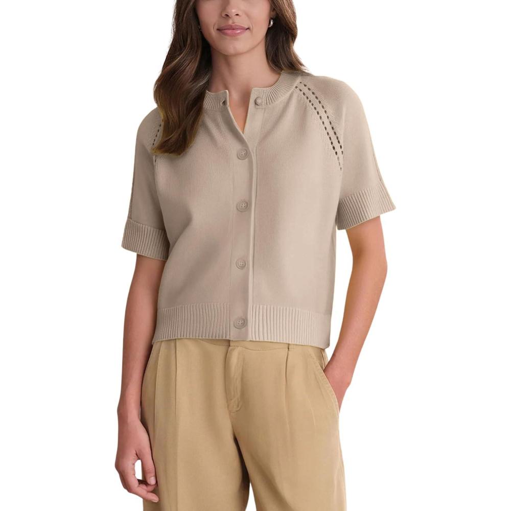 imageSpringrain Womens Short Sleeve Cardigan Lightweight Button Down Crewneck Knit Cropped Cardigan SweatersKhaki