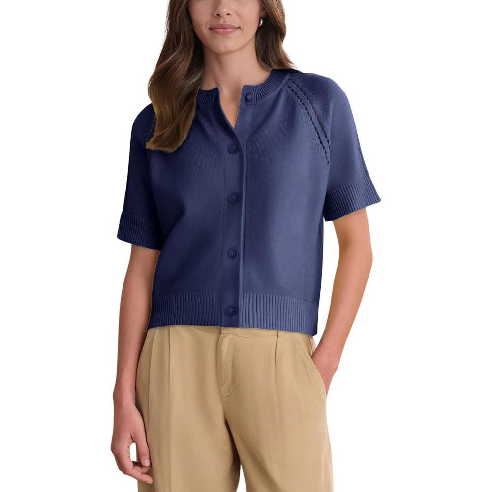 imageSpringrain Womens Short Sleeve Cardigan Lightweight Button Down Crewneck Knit Cropped Cardigan SweatersNavy