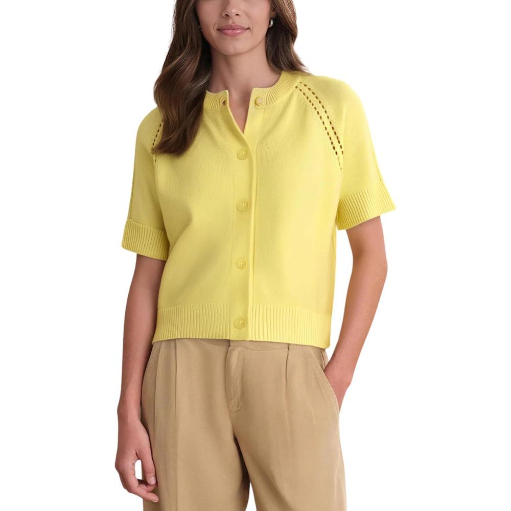 imageSpringrain Womens Short Sleeve Cardigan Lightweight Button Down Crewneck Knit Cropped Cardigan SweatersYellow