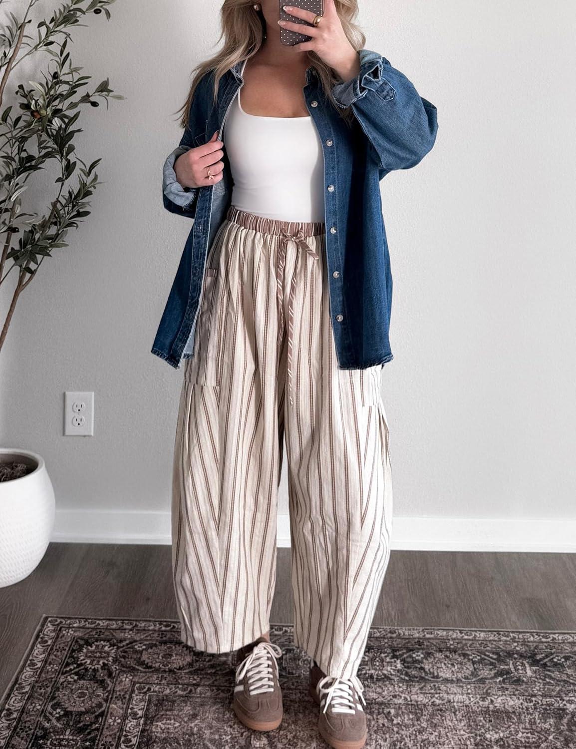 imageSpringrain Womens Striped Wide Leg Barrel Pants Casual Drawstring Harem Pants Palazzo Trousers with PocketsApricot