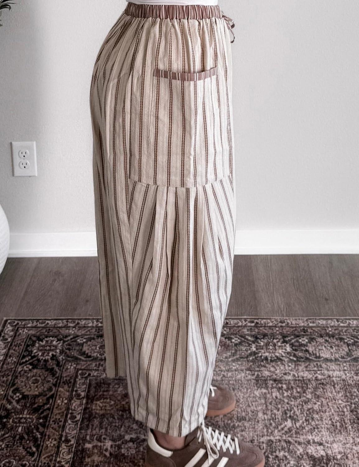 imageSpringrain Womens Striped Wide Leg Barrel Pants Casual Drawstring Harem Pants Palazzo Trousers with PocketsApricot
