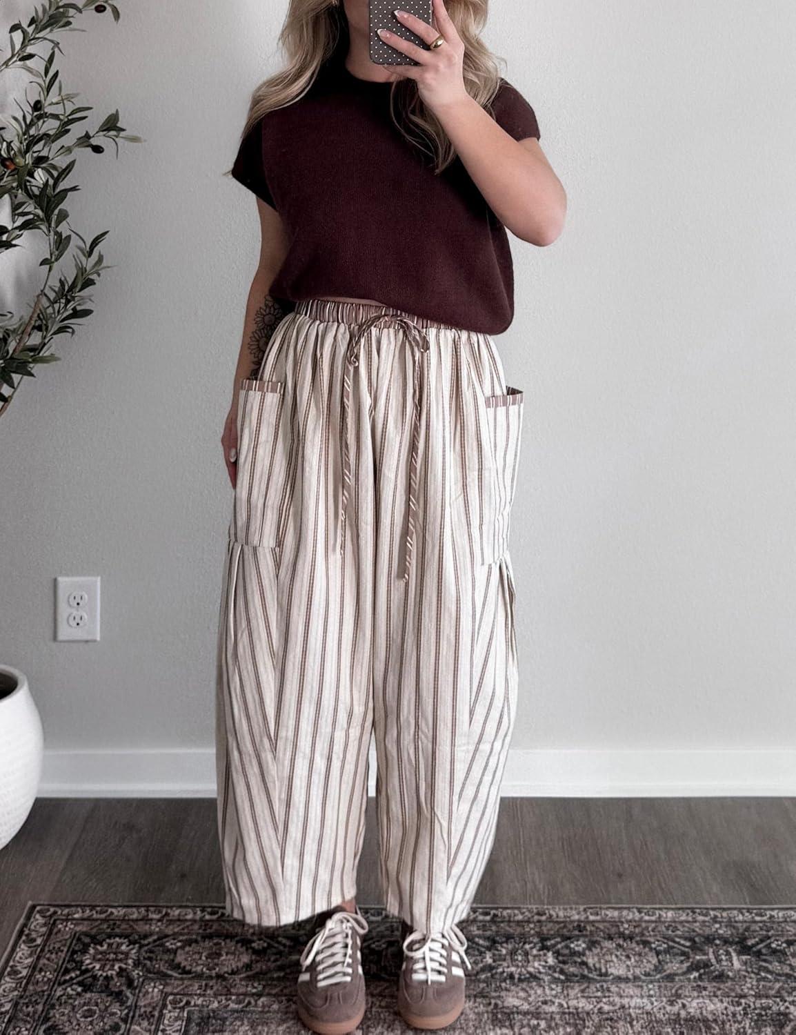 imageSpringrain Womens Striped Wide Leg Barrel Pants Casual Drawstring Harem Pants Palazzo Trousers with PocketsApricot