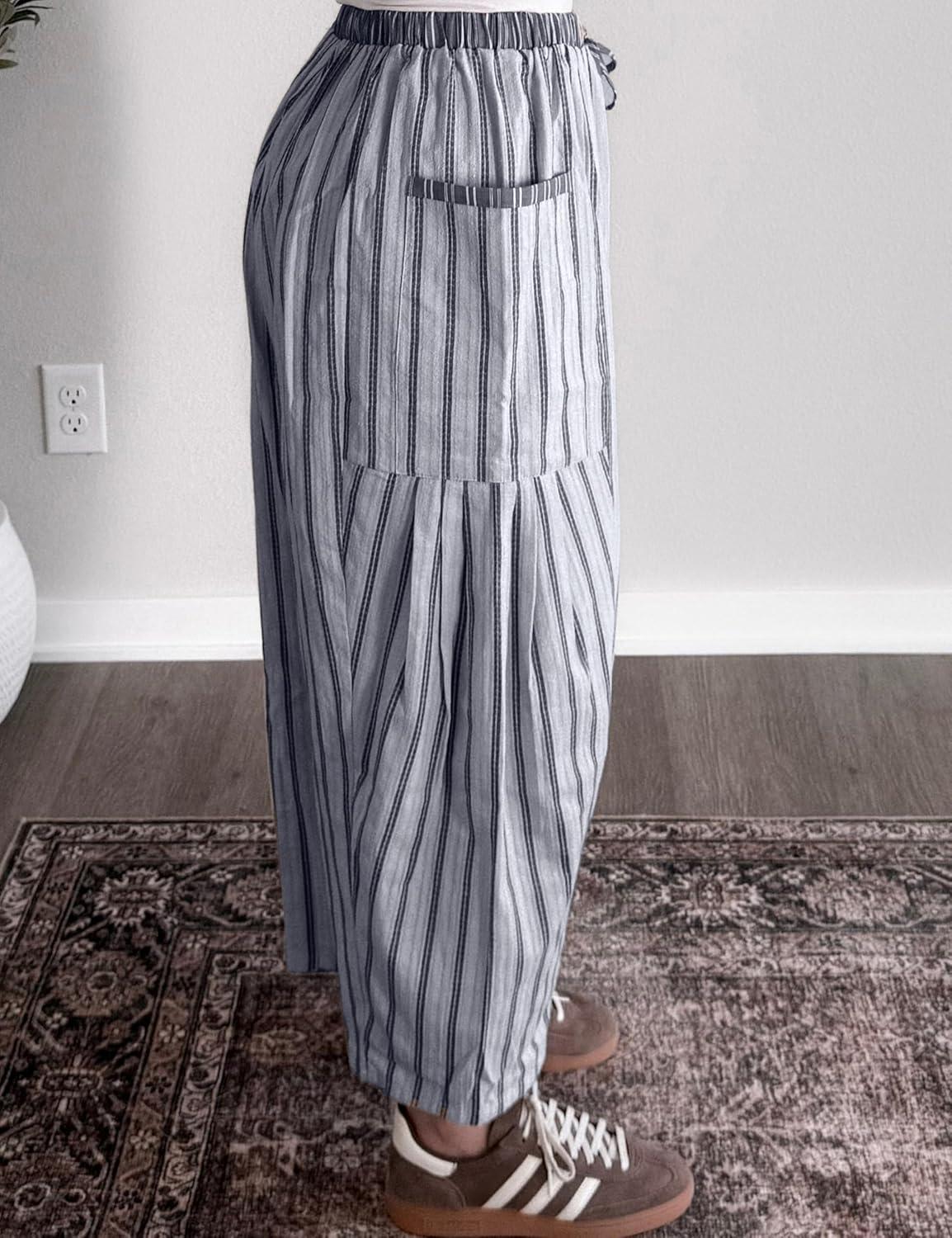 imageSpringrain Womens Striped Wide Leg Barrel Pants Casual Drawstring Harem Pants Palazzo Trousers with PocketsGrey