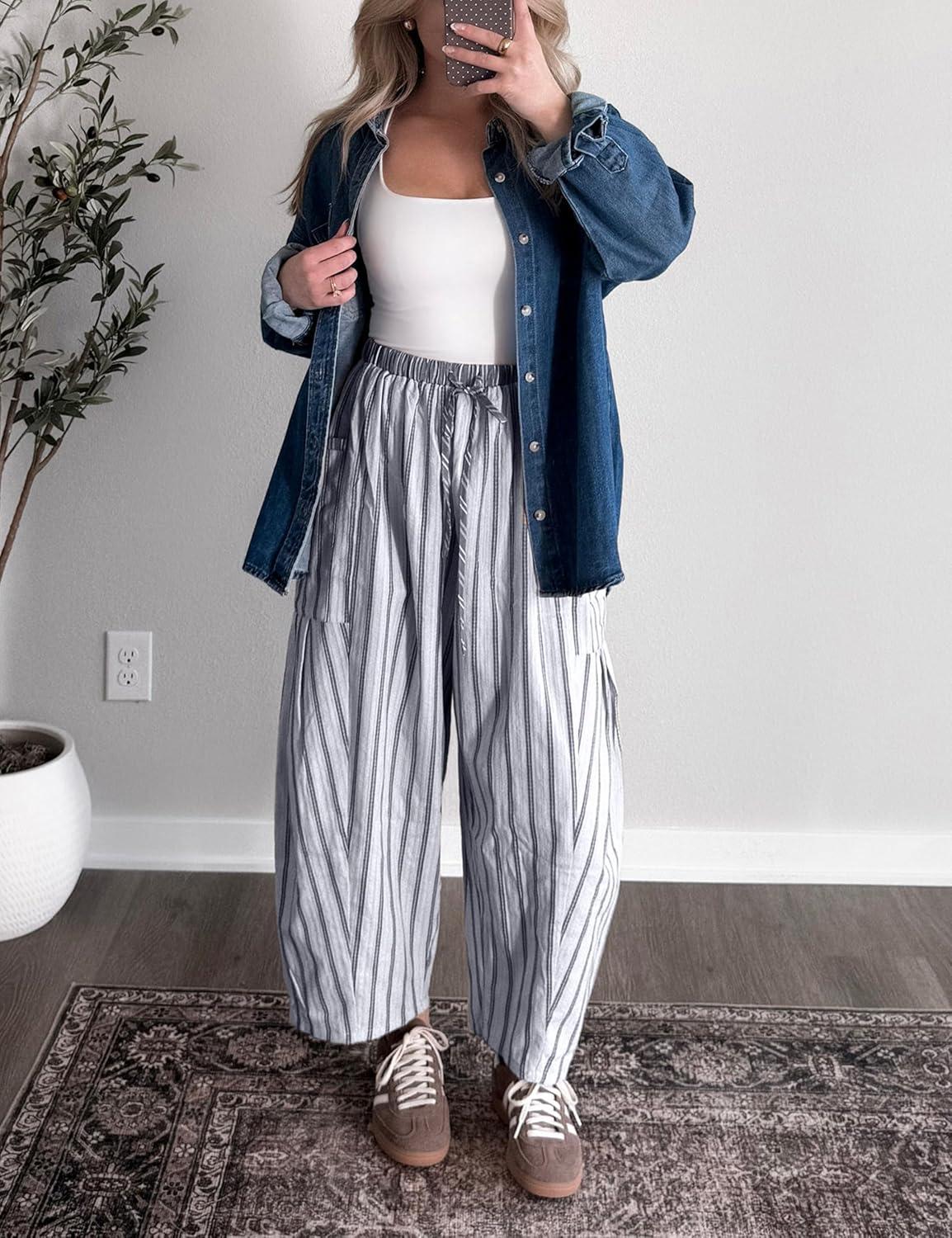 imageSpringrain Womens Striped Wide Leg Barrel Pants Casual Drawstring Harem Pants Palazzo Trousers with PocketsGrey
