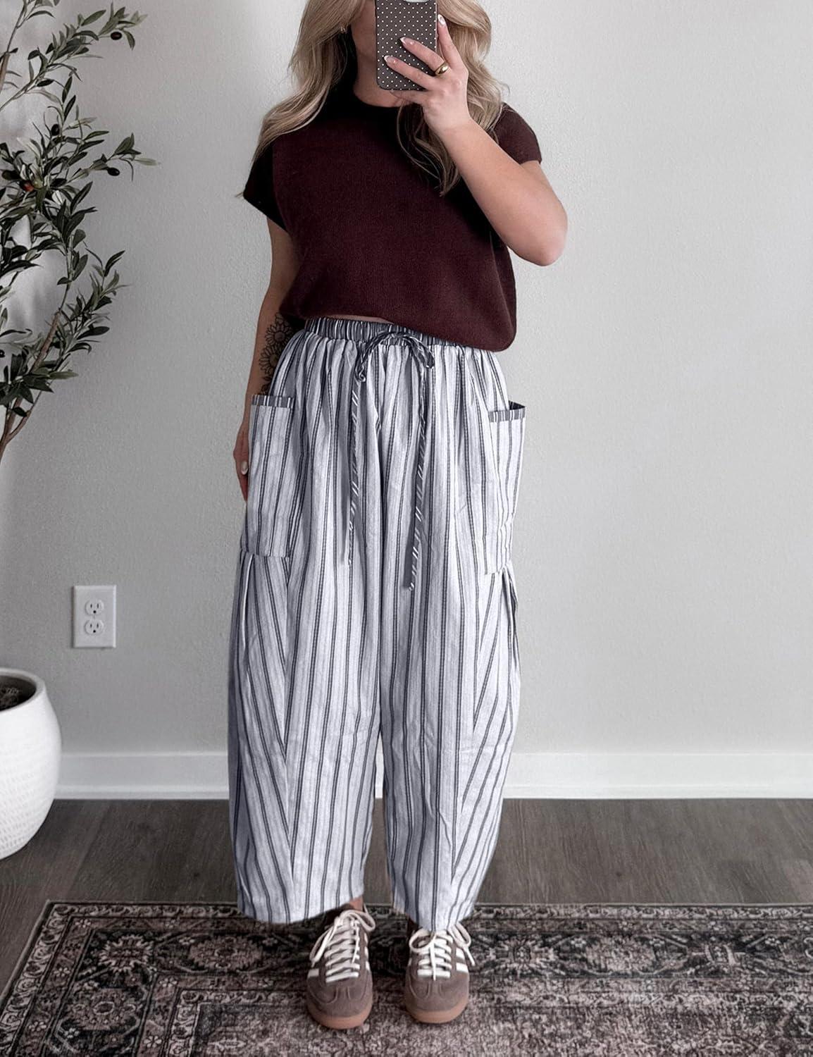 imageSpringrain Womens Striped Wide Leg Barrel Pants Casual Drawstring Harem Pants Palazzo Trousers with PocketsGrey