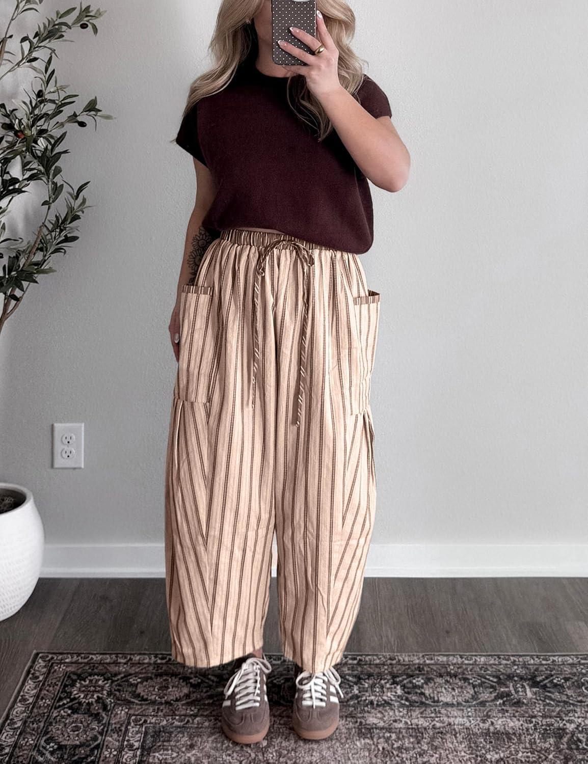 imageSpringrain Womens Striped Wide Leg Barrel Pants Casual Drawstring Harem Pants Palazzo Trousers with PocketsKhaki
