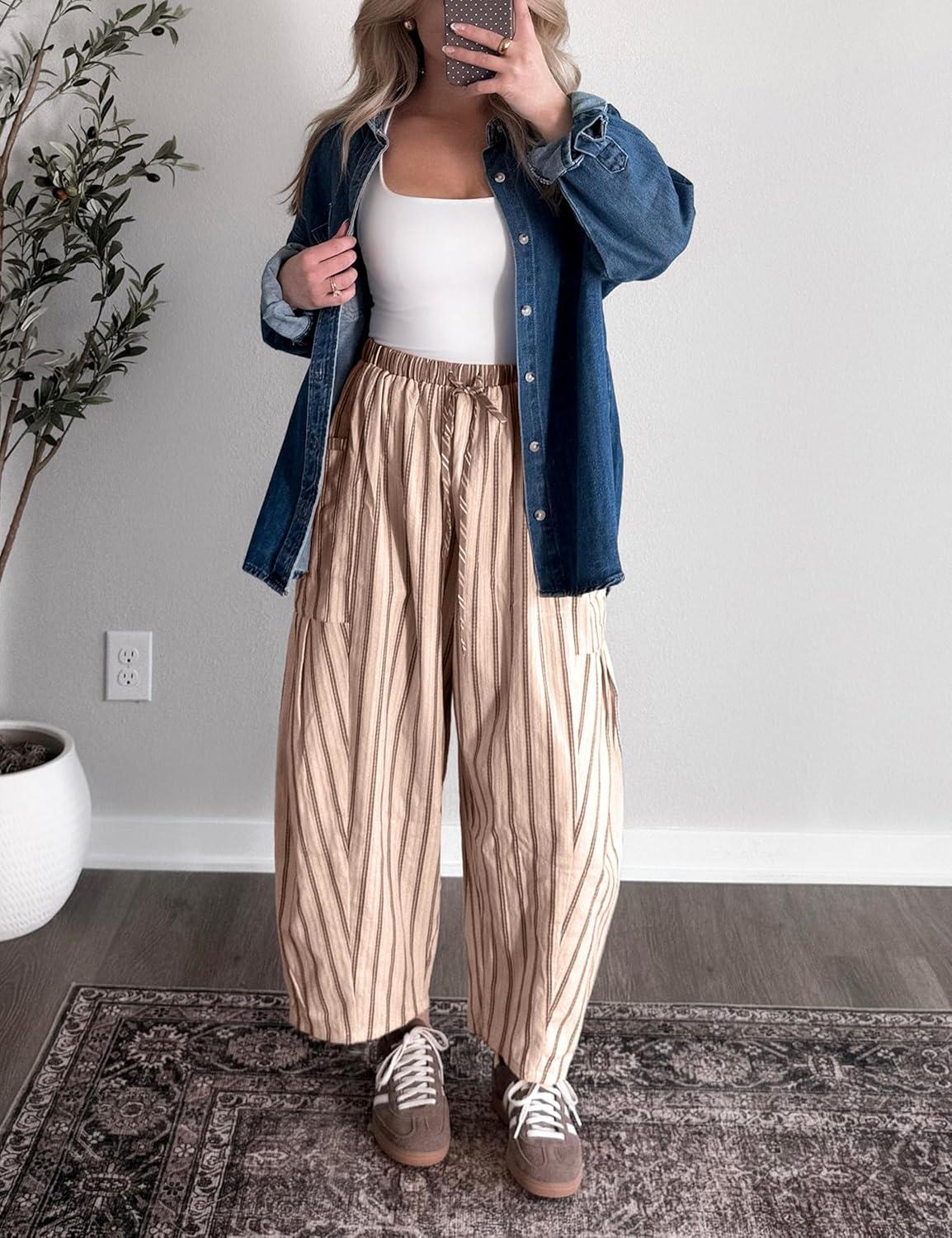 imageSpringrain Womens Striped Wide Leg Barrel Pants Casual Drawstring Harem Pants Palazzo Trousers with PocketsKhaki
