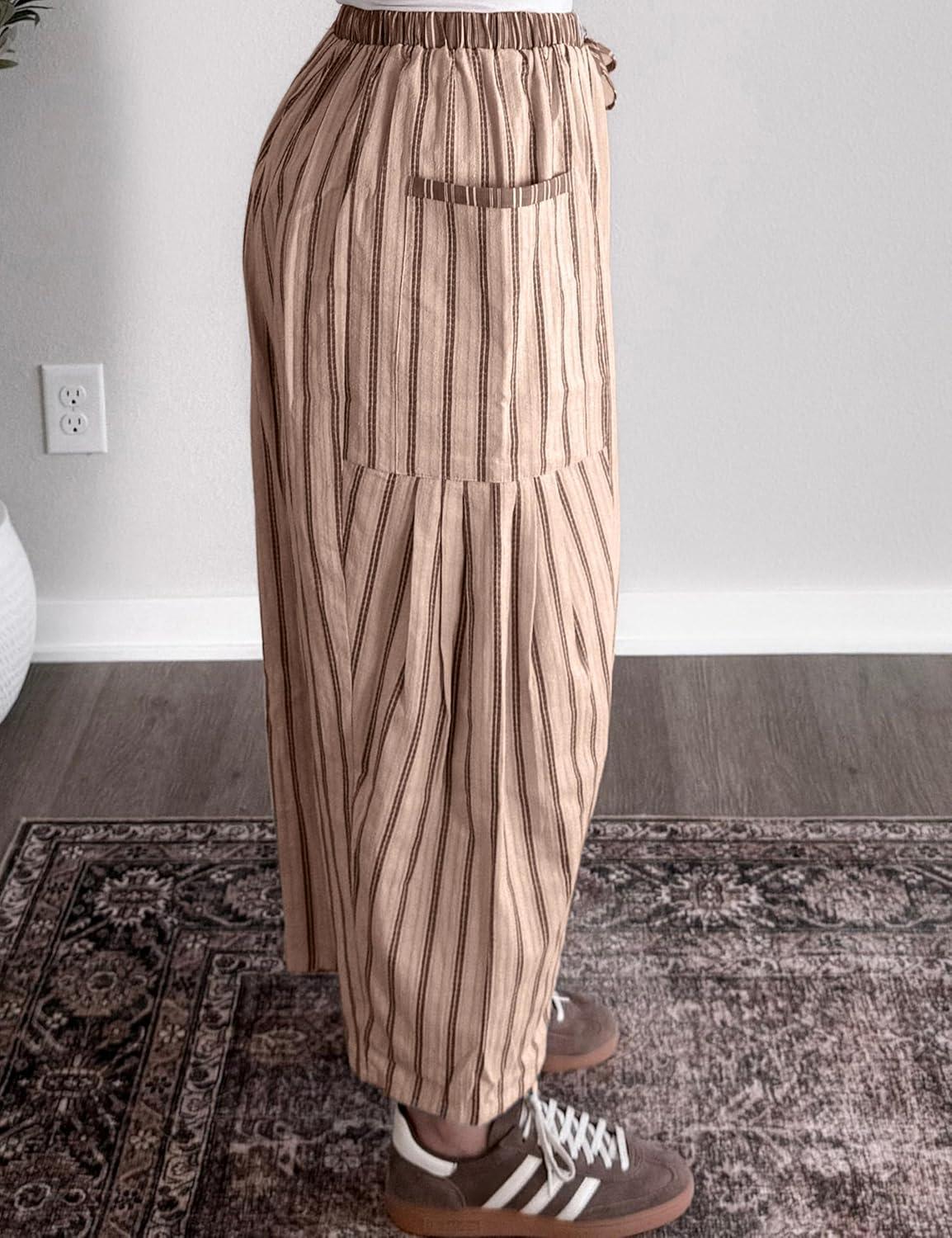 imageSpringrain Womens Striped Wide Leg Barrel Pants Casual Drawstring Harem Pants Palazzo Trousers with PocketsKhaki