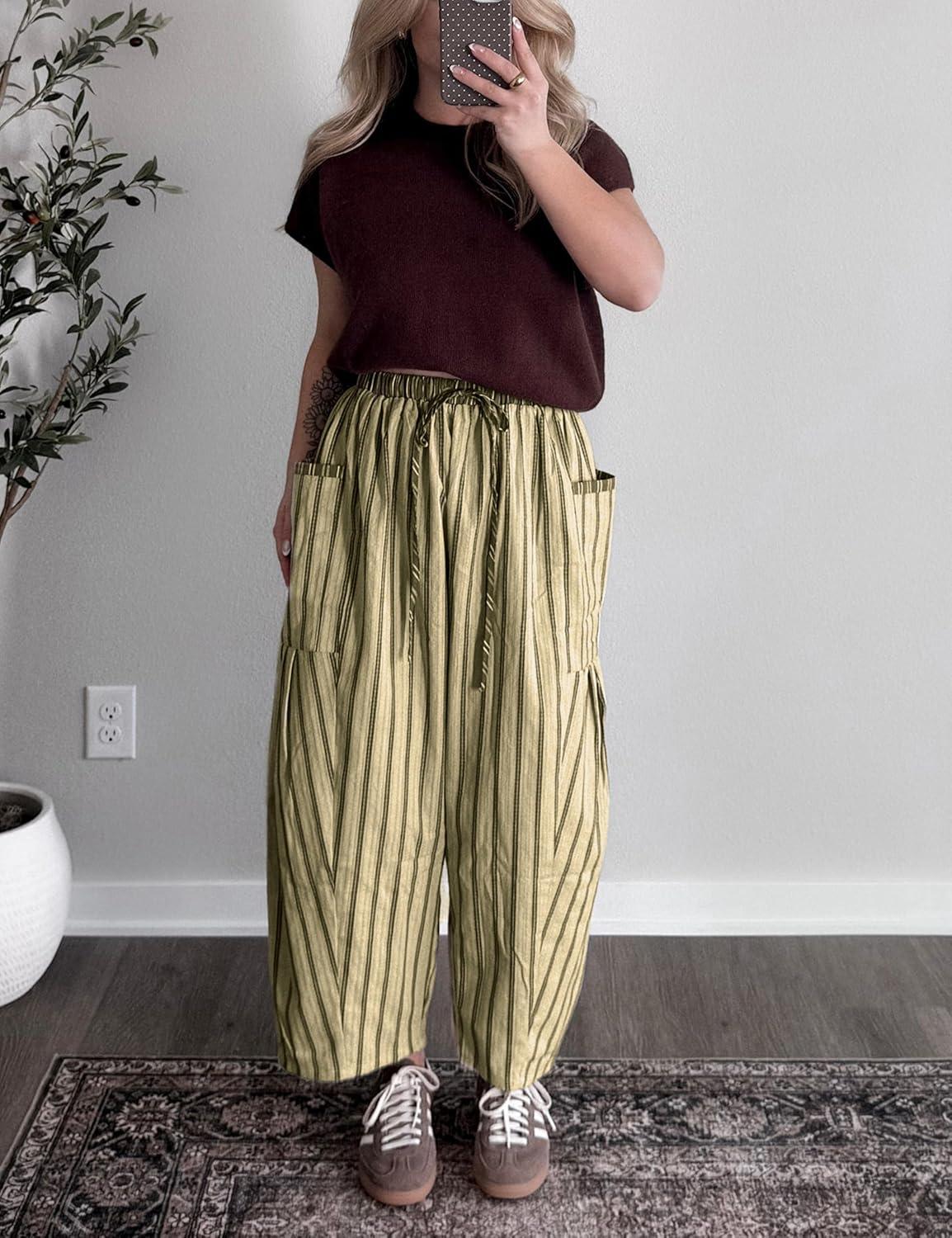 imageSpringrain Womens Striped Wide Leg Barrel Pants Casual Drawstring Harem Pants Palazzo Trousers with PocketsOlive