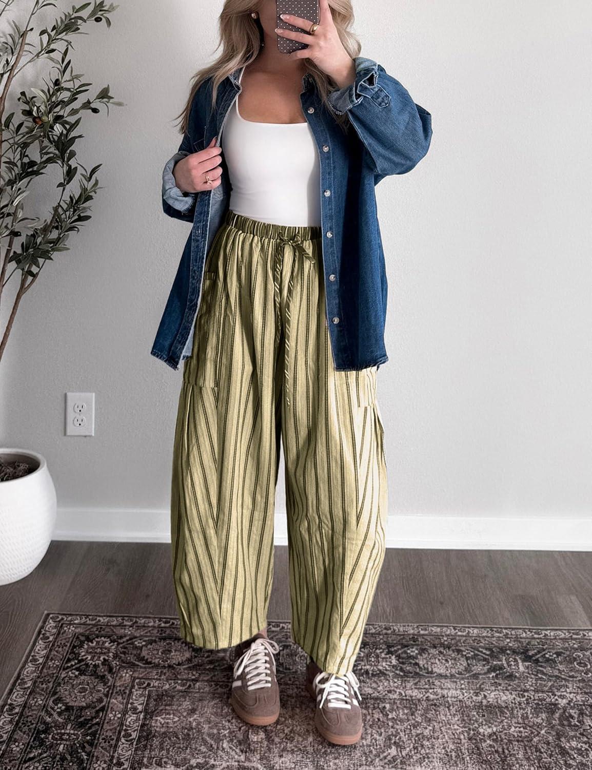 imageSpringrain Womens Striped Wide Leg Barrel Pants Casual Drawstring Harem Pants Palazzo Trousers with PocketsOlive