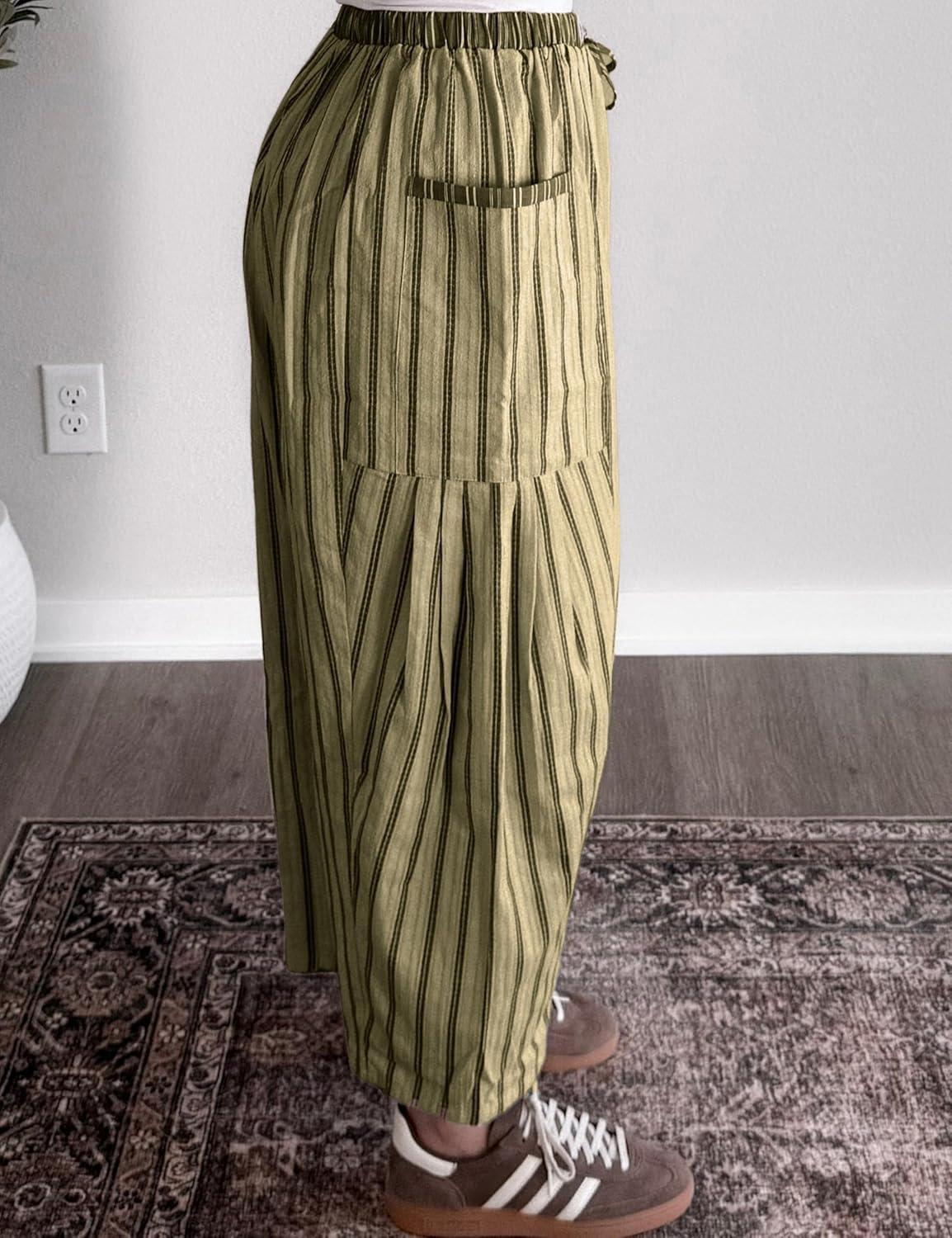 imageSpringrain Womens Striped Wide Leg Barrel Pants Casual Drawstring Harem Pants Palazzo Trousers with PocketsOlive