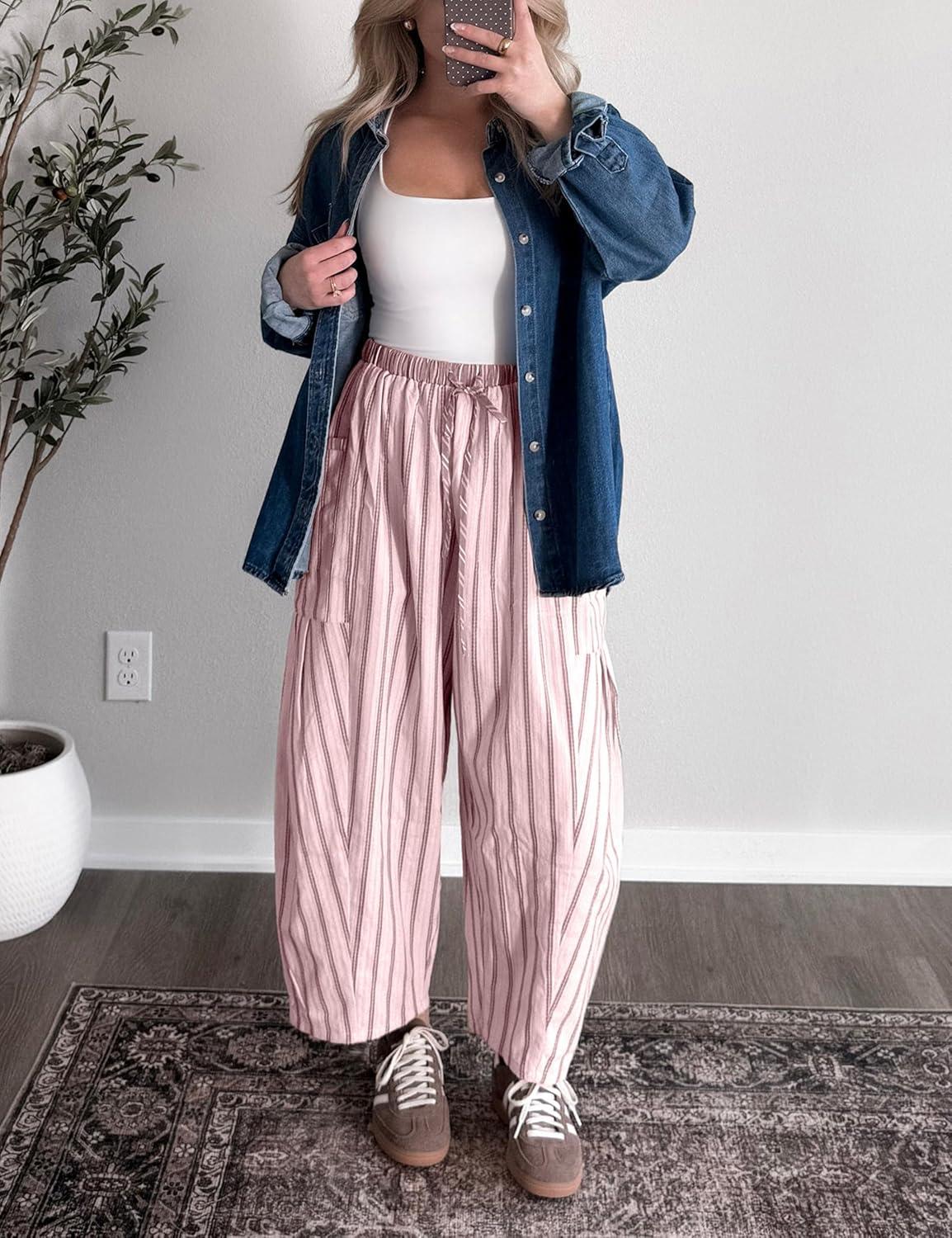 imageSpringrain Womens Striped Wide Leg Barrel Pants Casual Drawstring Harem Pants Palazzo Trousers with PocketsPink