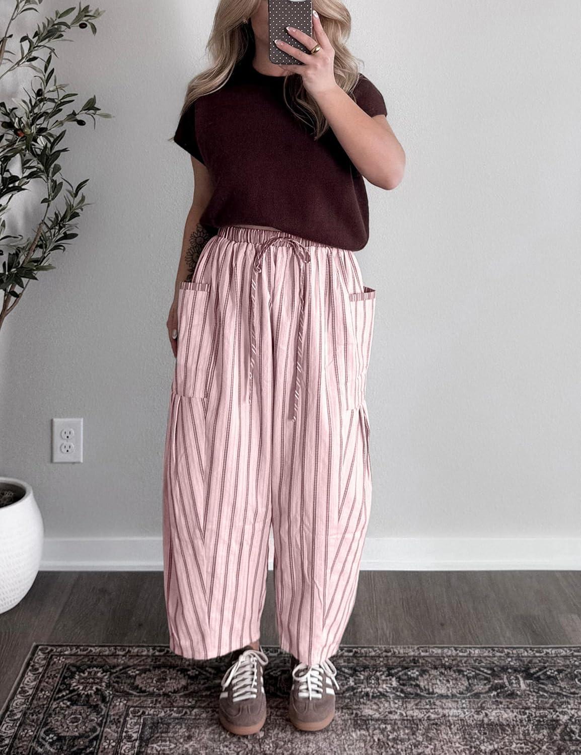 imageSpringrain Womens Striped Wide Leg Barrel Pants Casual Drawstring Harem Pants Palazzo Trousers with PocketsPink