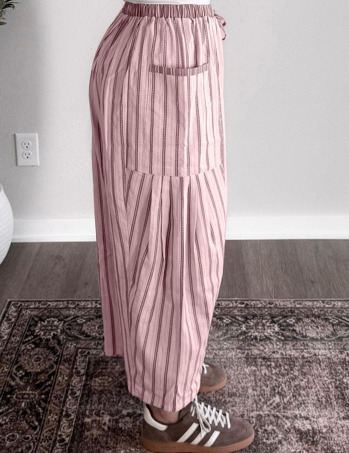 imageSpringrain Womens Striped Wide Leg Barrel Pants Casual Drawstring Harem Pants Palazzo Trousers with PocketsPink