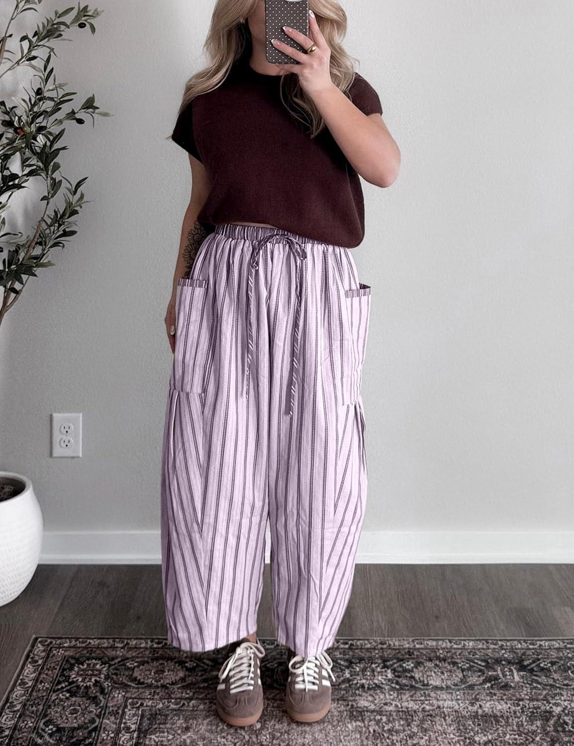 imageSpringrain Womens Striped Wide Leg Barrel Pants Casual Drawstring Harem Pants Palazzo Trousers with PocketsPurple