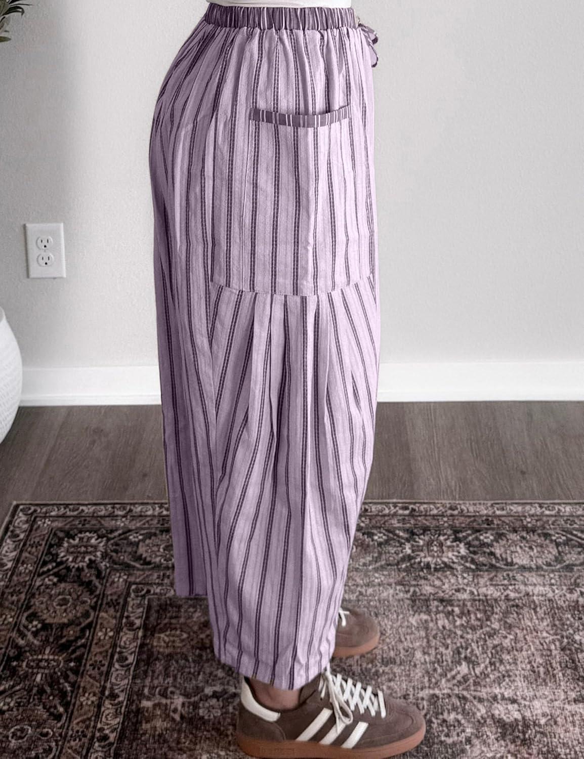 imageSpringrain Womens Striped Wide Leg Barrel Pants Casual Drawstring Harem Pants Palazzo Trousers with PocketsPurple