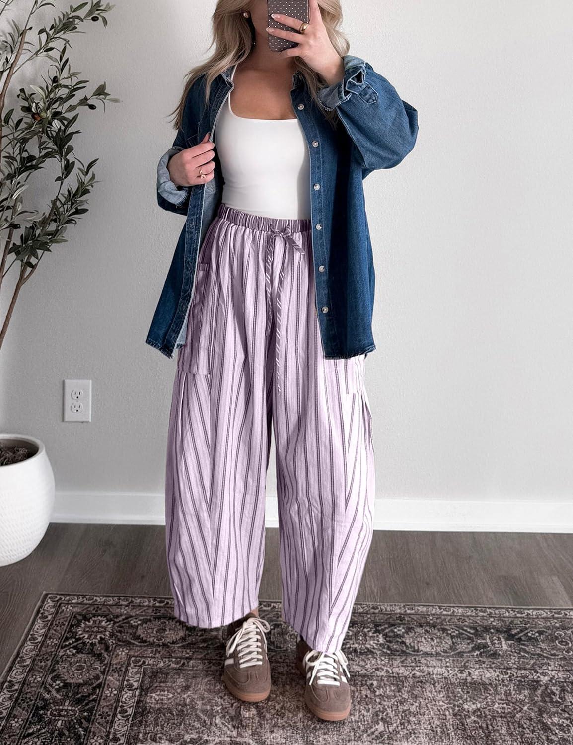imageSpringrain Womens Striped Wide Leg Barrel Pants Casual Drawstring Harem Pants Palazzo Trousers with PocketsPurple