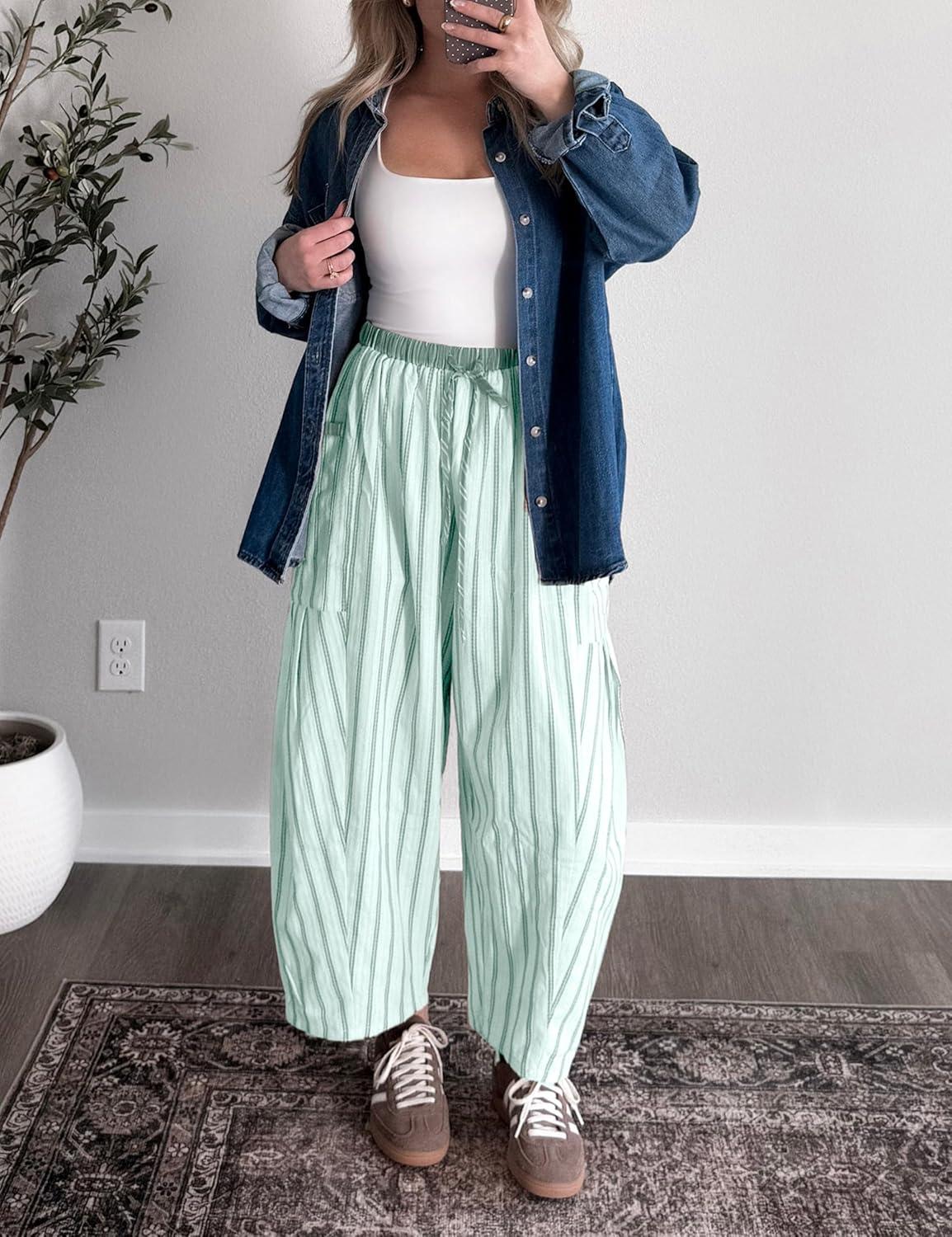 imageSpringrain Womens Striped Wide Leg Barrel Pants Casual Drawstring Harem Pants Palazzo Trousers with PocketsTeal