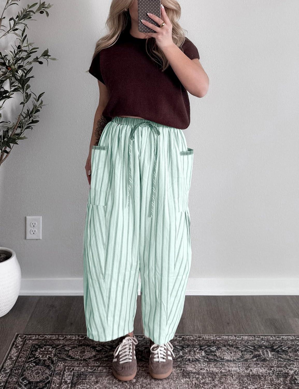 imageSpringrain Womens Striped Wide Leg Barrel Pants Casual Drawstring Harem Pants Palazzo Trousers with PocketsTeal