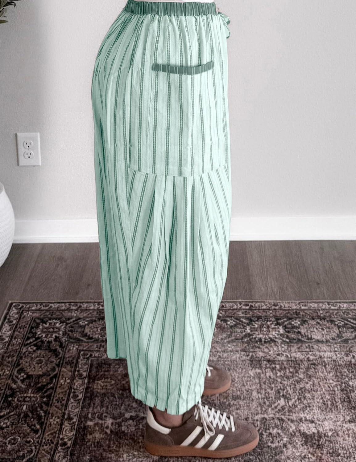 imageSpringrain Womens Striped Wide Leg Barrel Pants Casual Drawstring Harem Pants Palazzo Trousers with PocketsTeal