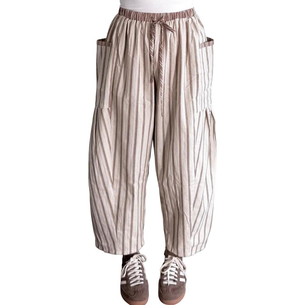 imageSpringrain Womens Striped Wide Leg Barrel Pants Casual Drawstring Harem Pants Palazzo Trousers with PocketsApricot