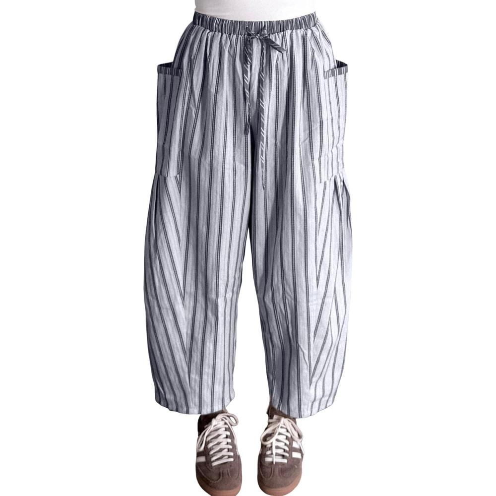 imageSpringrain Womens Striped Wide Leg Barrel Pants Casual Drawstring Harem Pants Palazzo Trousers with PocketsGrey