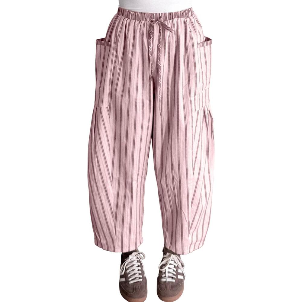 imageSpringrain Womens Striped Wide Leg Barrel Pants Casual Drawstring Harem Pants Palazzo Trousers with PocketsPink