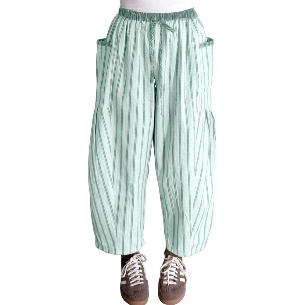 imageSpringrain Womens Striped Wide Leg Barrel Pants Casual Drawstring Harem Pants Palazzo Trousers with PocketsTeal
