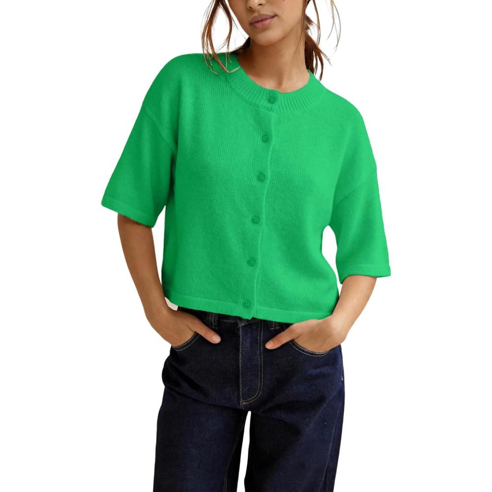 imageSpringrain Womens Cropped Cardigan Lightweight Crewneck Summer Cardigan Casual Button Down Knit Sweater TopsGreen