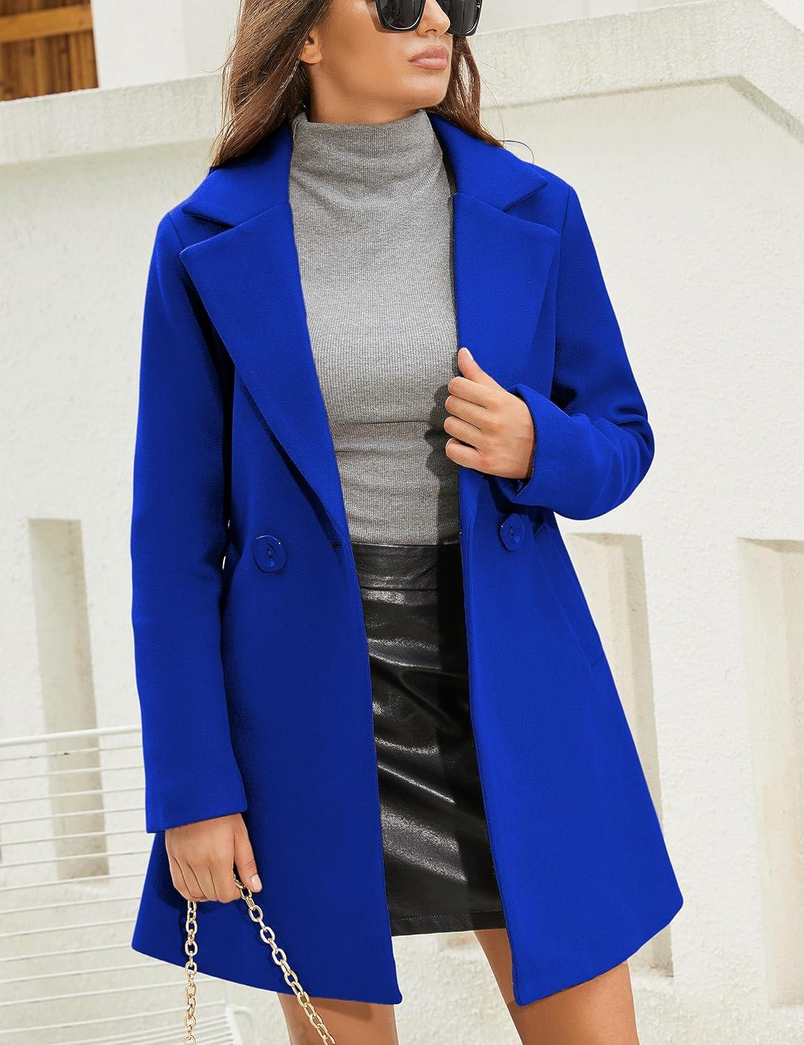 imageSpringrain Womens Wool Pea Coat Notched Collar Double Breasted Midi Long Trench Coat OutwearBlue