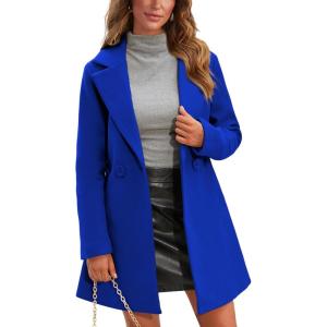 Springrain Women’s Wool Pea Coat Notched Collar Double Breasted Midi Long Trench Coat Outwear(Blue)
