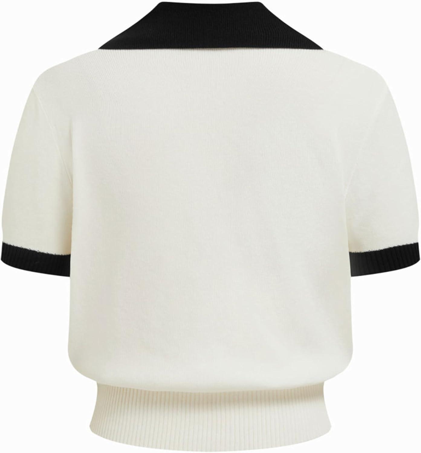 imageSpringrain Womens Colorblock Polo Sweater Short Sleeve Button Summer Cardigan V Neck Cropped Knit TopWhite