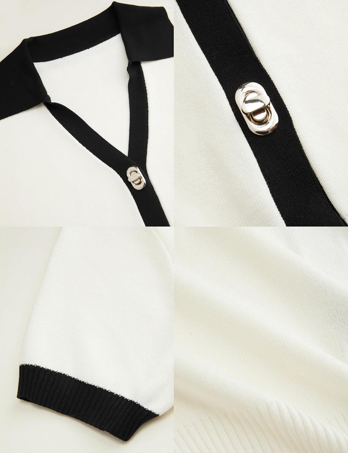 imageSpringrain Womens Colorblock Polo Sweater Short Sleeve Button Summer Cardigan V Neck Cropped Knit TopWhite