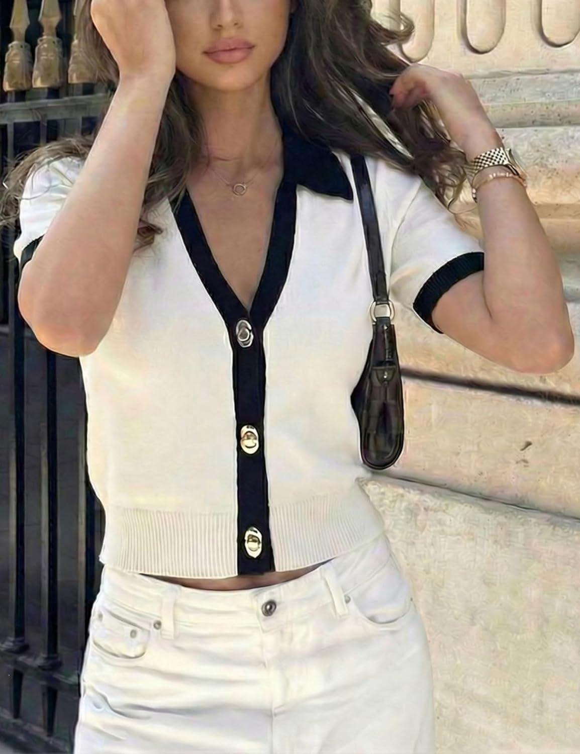 imageSpringrain Womens Colorblock Polo Sweater Short Sleeve Button Summer Cardigan V Neck Cropped Knit TopWhite