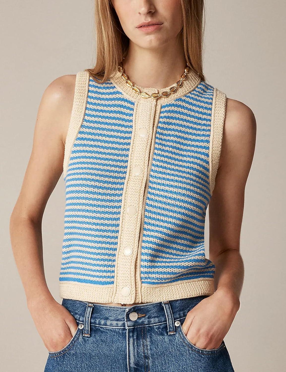 imageSpringrain Womens Striped Sweater Vest Sleeveless Button Down Knit Ribbed Color Block Knit Tank Top PulloverBlue