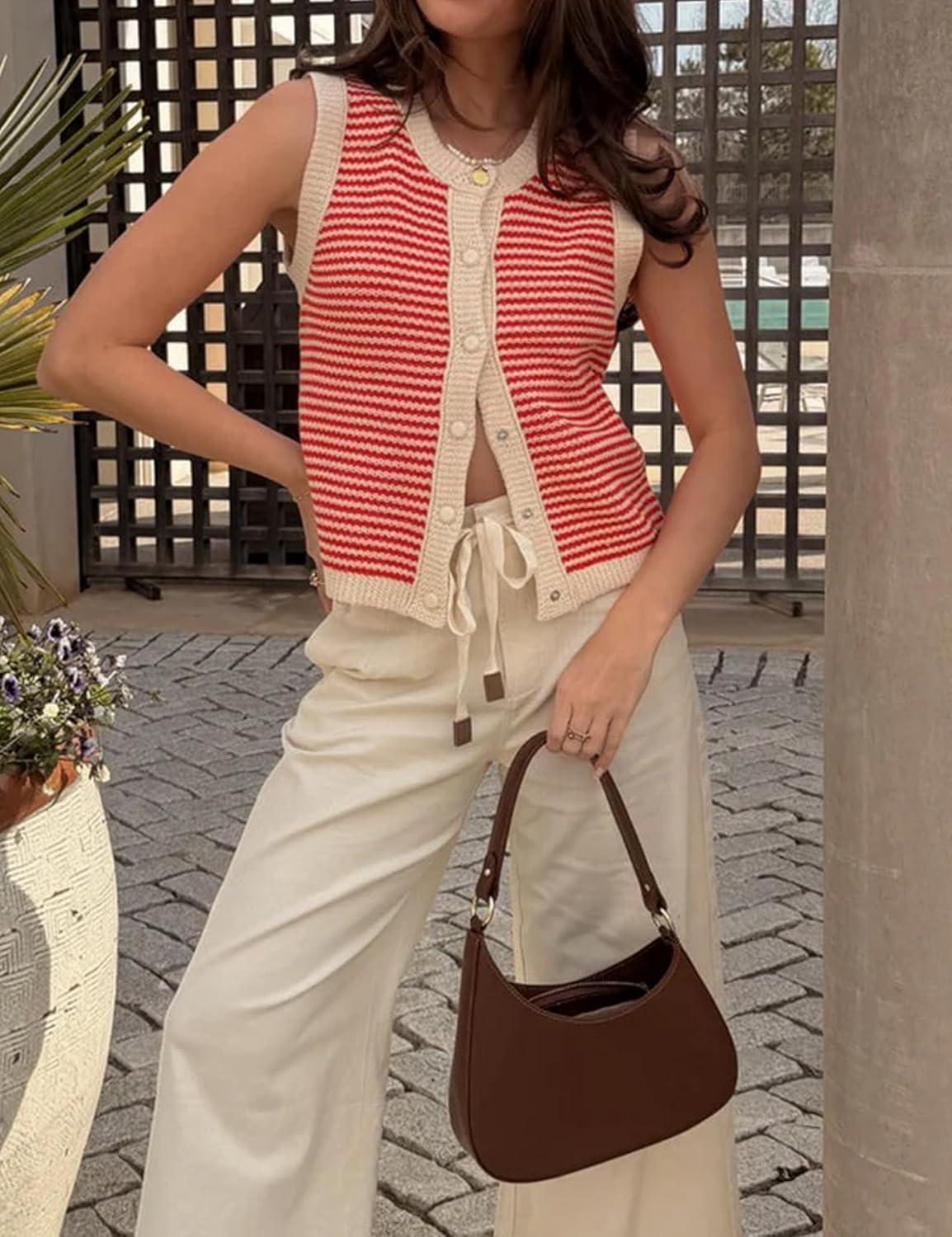 imageSpringrain Womens Striped Sweater Vest Sleeveless Button Down Knit Ribbed Color Block Knit Tank Top PulloverRed
